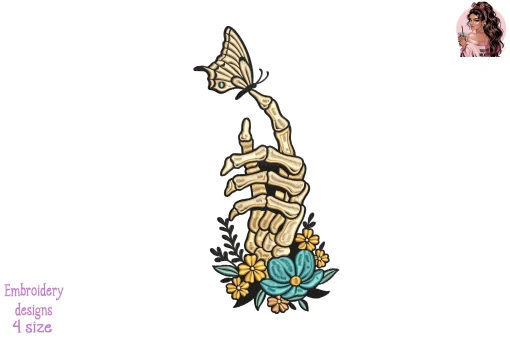 Butterfly on Skeleton Finger Embroidery Design