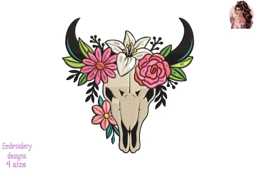 Floral Boho Bull Skull Embroidery Design