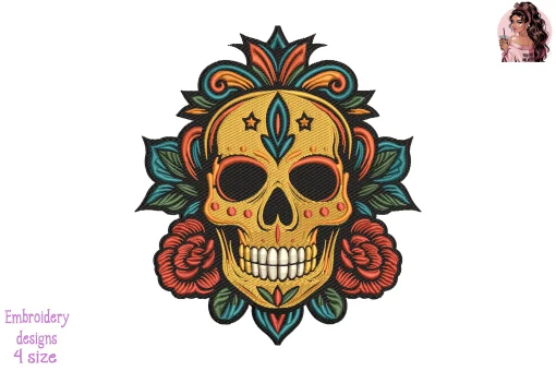 Mexican Sugar Skull with Flowers Embroidery Design