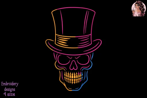 Neon Gentleman Skull Embroidery Design
