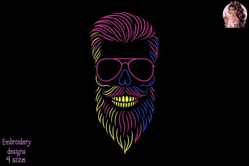 Neon Hipster Skull Embroidery Design