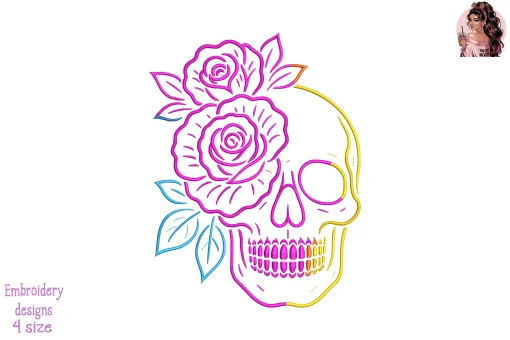 Neon Rose Skull Art Embroidery Design