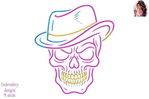 Neon Skull in Fedora Hat Embroidery Design