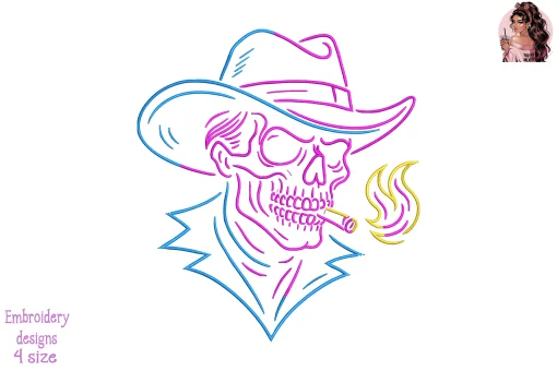 Neon Smoking Skull Cowboy Embroidery Design