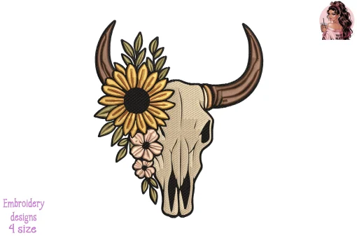 Sunflower Cow Skull Embroidery Design