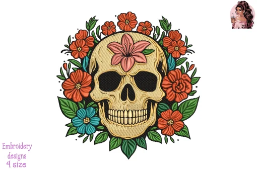 Vintage Skull and Floral Wreath Embroidery Design