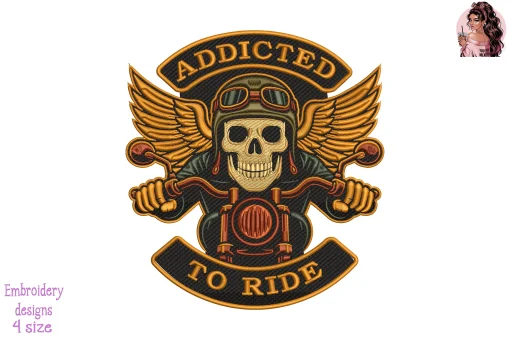Addicted to Ride Skull Biker Embroidery Design