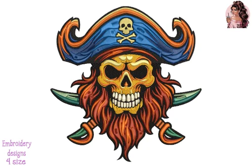 Fiery Pirate Skull Embroidery Design