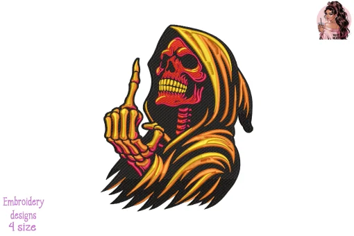Flaming Death Gesture Embroidery Design – Skull Hand with Flames Machine Embroidery