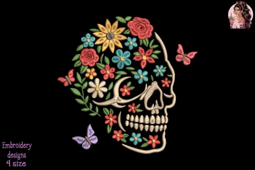 Floral Sugar Skull Embroidery Design